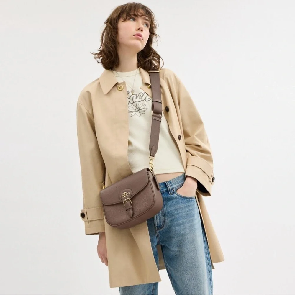 Coach Taupe Pebbled Leather Flap Crossbody with Gold Hardware